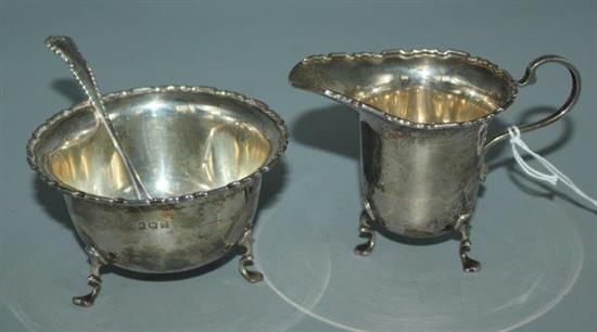 Silver sugar bowl & cream jug & spoon